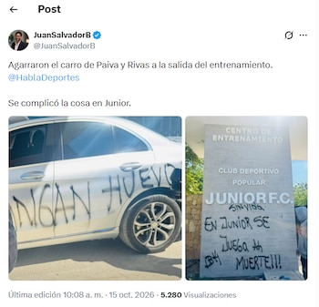Post de Juan Salvador Barcena denunciando los actos vandálicos en la sede deportiva del Junior FC - crédito Juan Salvador Barcena/X