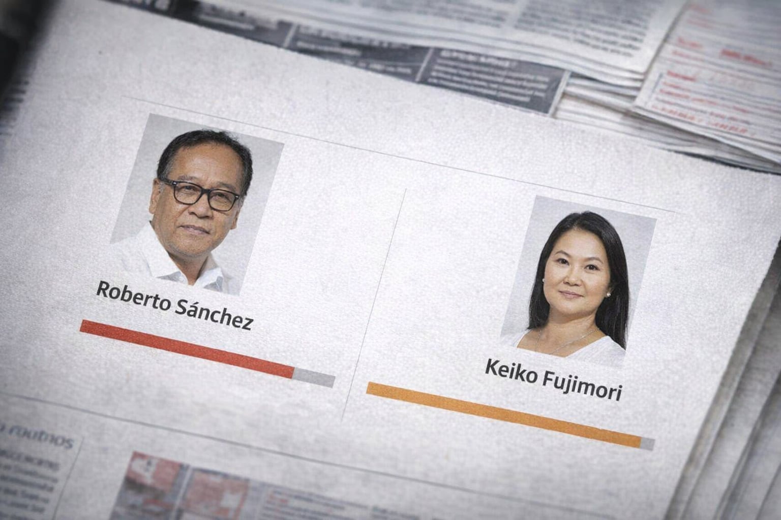 La imagen muestra una representación gráfica de los resultados electorales, indicando una ventaja estrecha pero consistente de Keiko Fujimori sobre Roberto Sánchez en el conteo de votos presidenciales. (Imagen Ilustrativa Infobae)