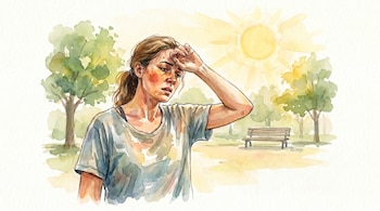 Ilustración acuarela de una mujer con la mano en la frente, rostro sudoroso y enrojecido. Al fondo, árboles, un banco y un sol brillante.