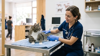 Una mujer con uniforme azul examina a un gato de pelaje pardo y blanco sobre una toalla azul en una mesa metálica.