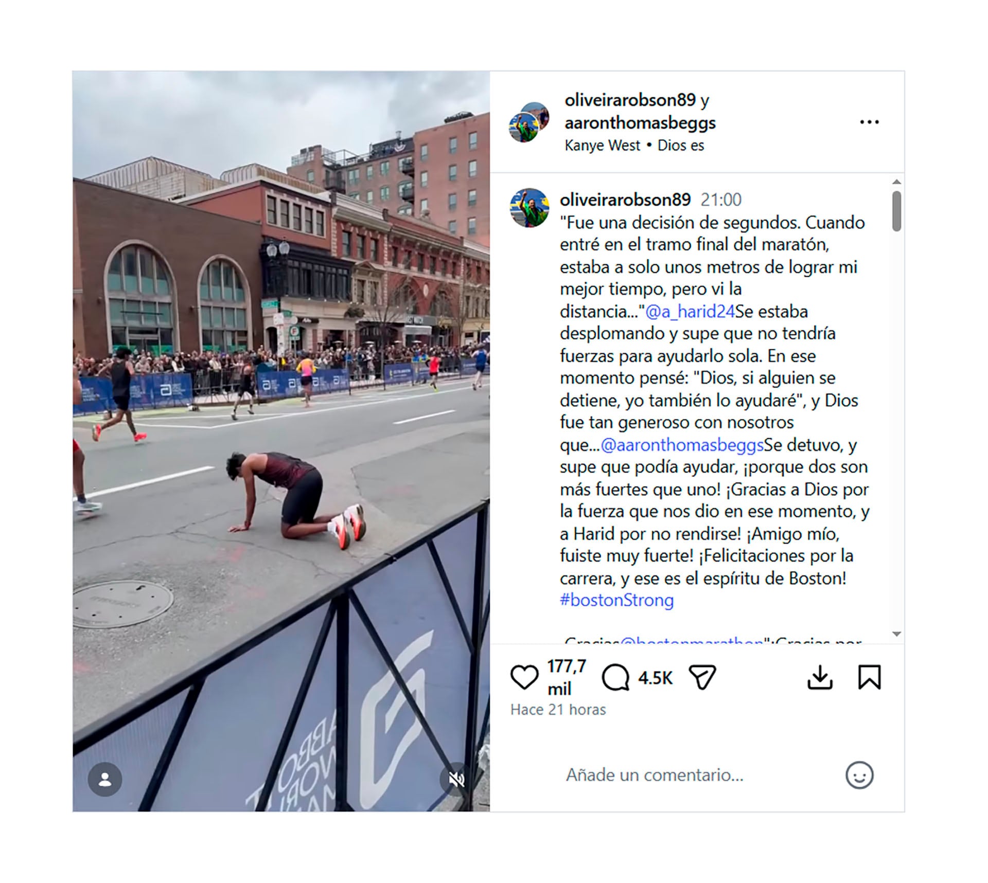 Un conmovedor acto de solidaridad se vivió en el Maratón de Boston cuando un corredor ayudó a otro que se desplomó cerca de la meta, capturando el verdadero espíritu de la competencia. (Instagram)