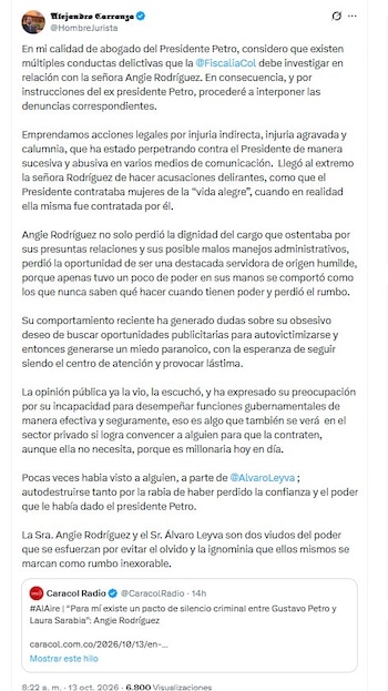 Carranza anunció las acciones legales que emprenderá a nombre del expresidente Petro luego de los señalamientos por parte de Angie Rodríguez la mañana del martes 13 de octubre vía X - crédito @HombreJurista/X
