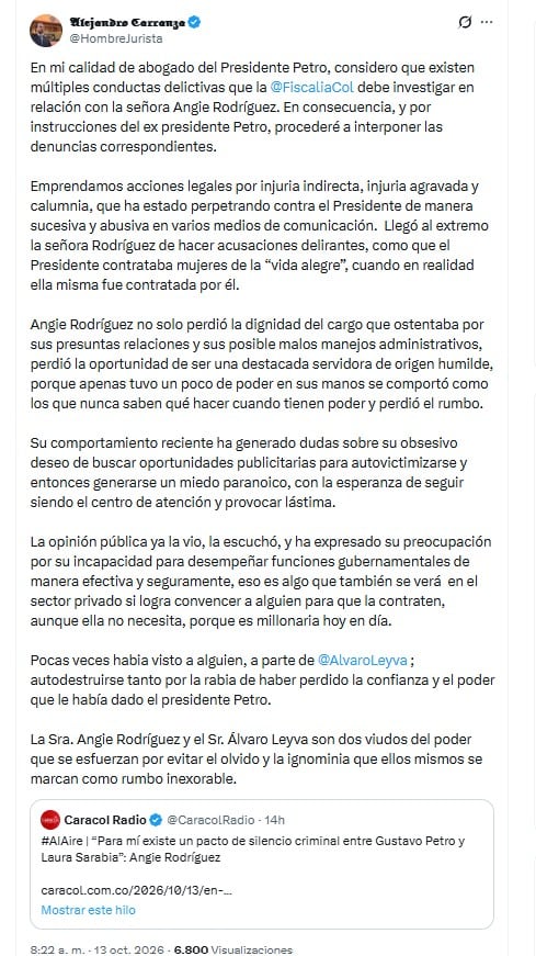 Carranza anunció las acciones legales que emprenderá a nombre del expresidente Petro luego de los señalamientos por parte de Angie Rodríguez la mañana del martes 13 de octubre vía X - crédito @HombreJurista/X