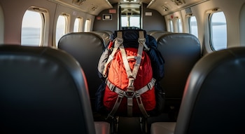 Vista interior de un avión de pasajeros pequeño mostrando un paracaídas rojo y negro asegurado en un asiento, con filas de asientos y ventanas laterales.