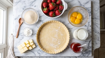 Vista cenital de un molde con masa, frutillas, yemas de huevo, manteca, azúcar, leche y dulce sobre una mesada de mármol blanco.
