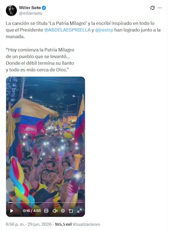 Soto compuso la canción antes de la primera vuelta de las elecciones presidenciales, en las que De la Espriella quedó primero, seguido por Iván Cepeda - crédito @millersoto/X