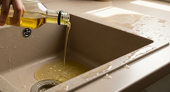Una mano vierte aceite de cocina amarillo de una botella transparente en un fregadero beige, salpicando líquido y formando un charco en el fondo.