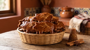 Canasta con panes con forma de cerdo sobre una mesa de madera junto a un cono de piloncillo, ramas de canela y una estrella de anís.