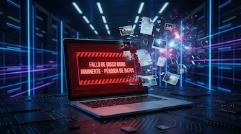 Computadora portátil con advertencia roja de fallo de disco duro en pantalla. Documentos y fotos digitales flotan desintegrándose sobre un fondo de centro de datos.