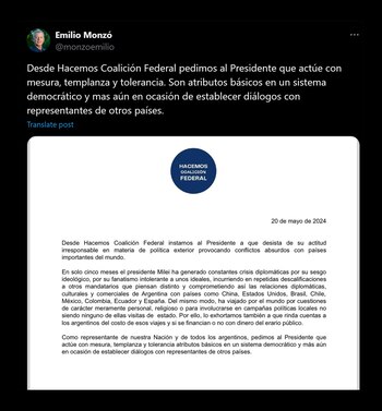 Emilio Monzo compartió el comunicado