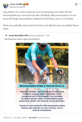 El hecho ocurrió a las 8:20 a. m. en la Autopista Norte, a la altura de la calle 170; Sevilla salió ileso y conservó su bicicleta - crédito @oscarsevilla76/X
