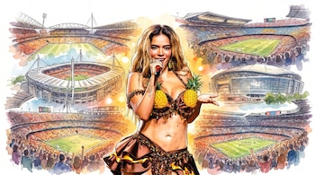 Ilustración de una mujer sonriente con cabello largo y un micrófono, vestida con un atuendo tropical, rodeada por seis estadios de fútbol llenos de público.