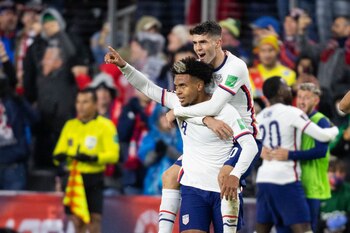 Nov 12, 2021; Cincinnati, Ohio, USA; United States midfielder Weston McKennie (8) celebrates his goal with forward Christian Pulisic (10) during a FIFA World Cup Qualifier soccer match against the Mexico at TQL Stadium. Mandatory Credit: Trevor Ruszkowski-USA TODAY Sports