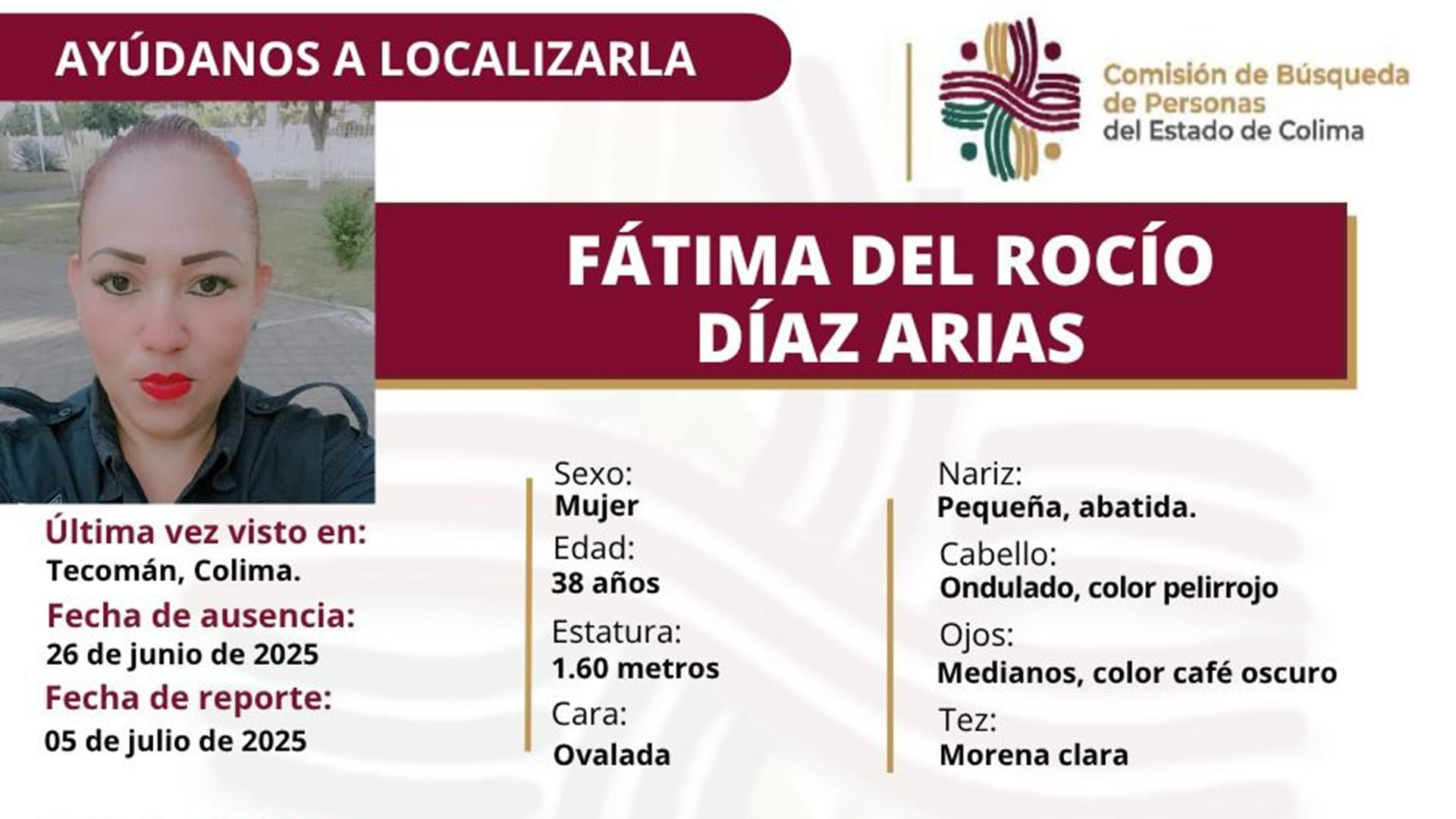 Los compañeros de la uniformada acusan que la mujer fue dada de baja de sus funciones a pesar de su reporte de desaparición.Foto: Comisión de Búsqueda de Personas del Estado de Colima