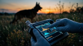 Manos con guantes de laboratorio sostienen un analizador acústico con gráficos en pantalla y un perro desenfocado al fondo durante el atardecer.