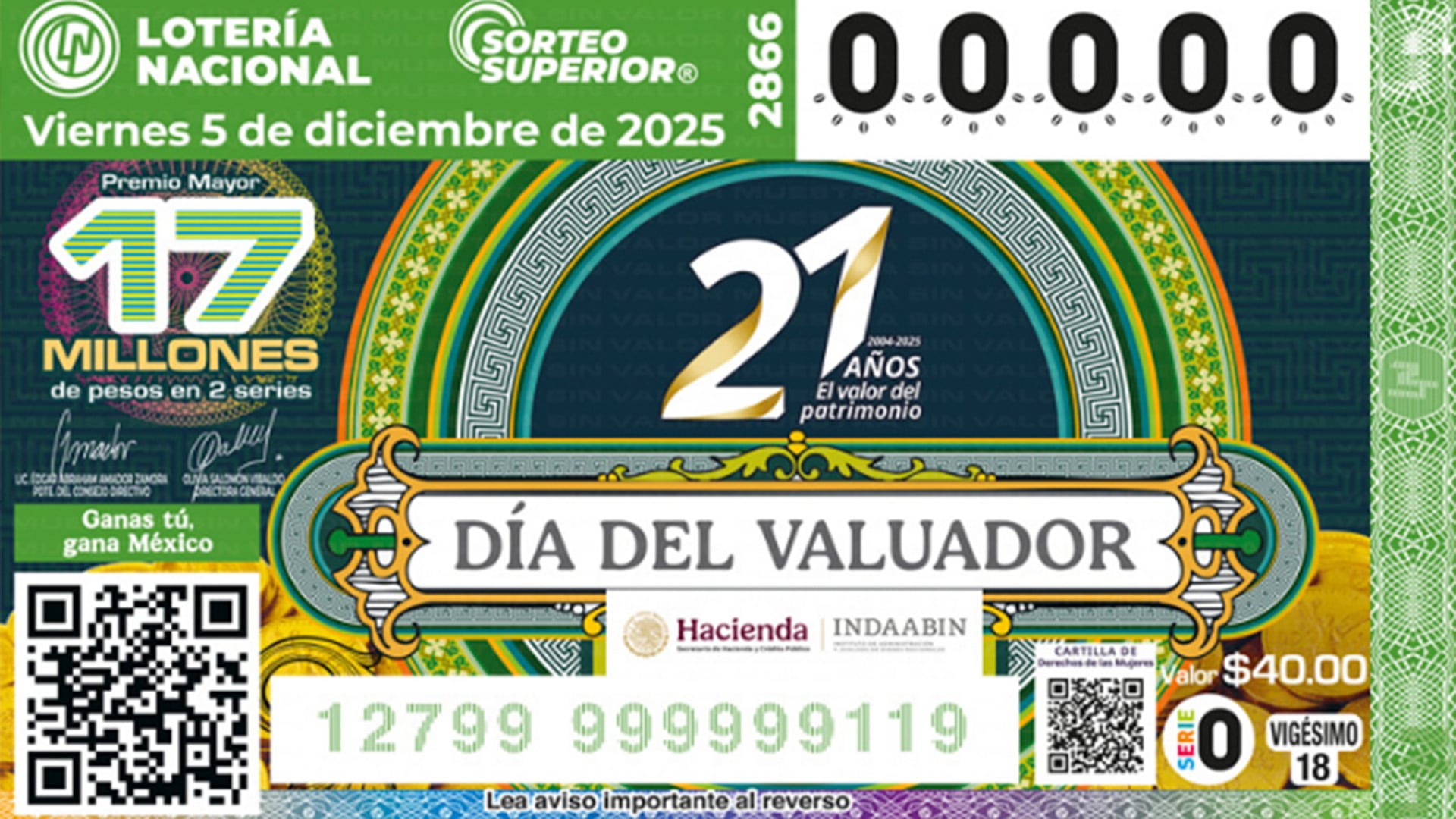 El diseño del billete de este sorteo hace homenaje a los 21 años del Instituto de Administración y Avalúos de Bienes Nacionales (INDAABIN).