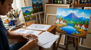 Persona con bolígrafo completa formularios sobre una mesa junto a pinturas, caballetes, pinceles y tubos de pintura en un taller.