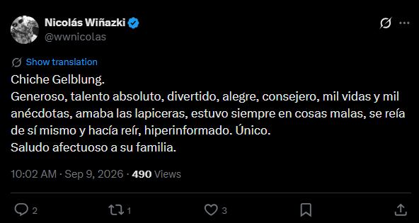 Al igual que su padre, Miguel, Nicolás Wiñazki se pronunció ante la muerte de Gelblung (X)
