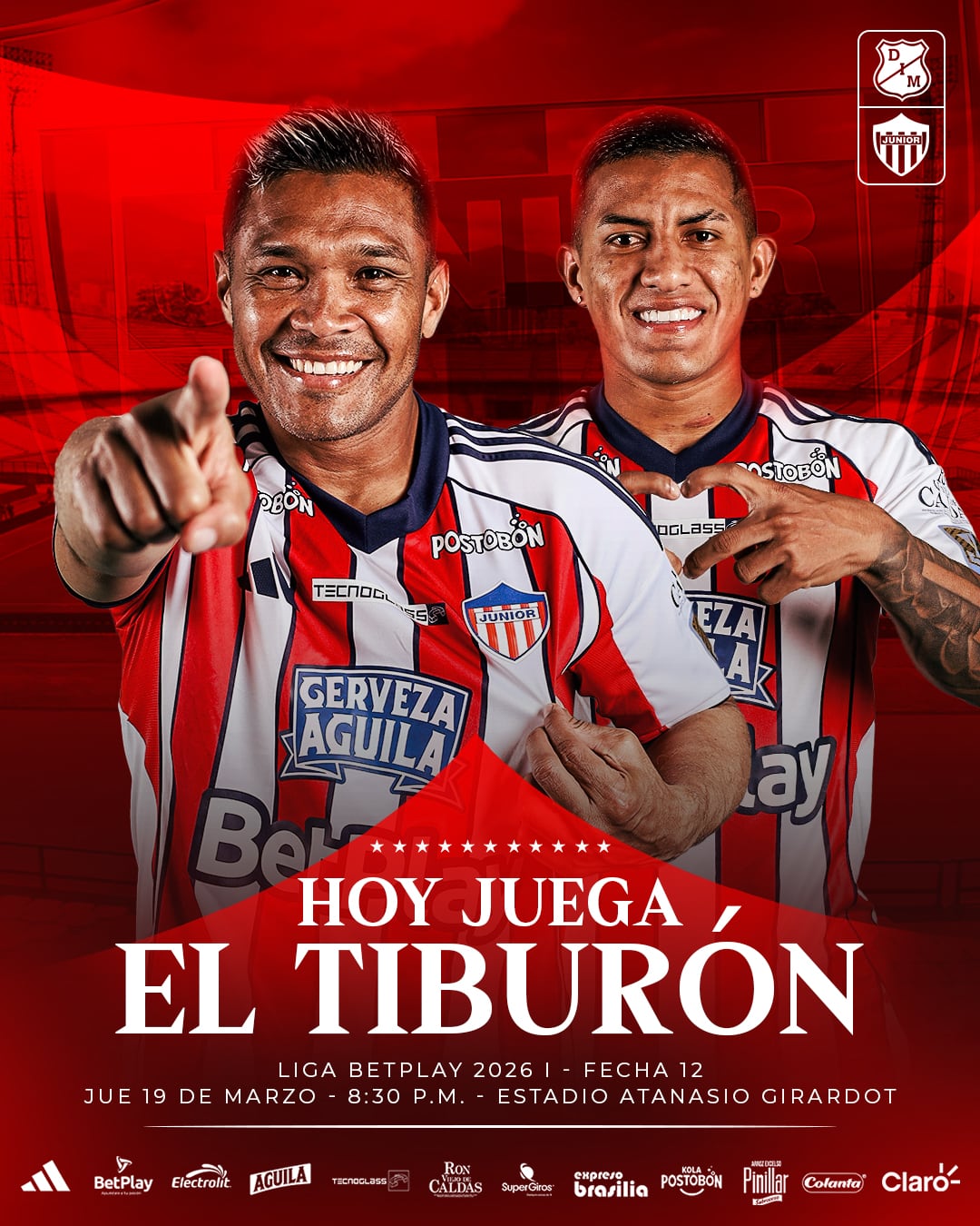 Cristian Barrios e Teófilo Gutiérrez, jogadores do Junior de Barranquilla na partida contra Medellín-crédito @JuniorClubSA/X