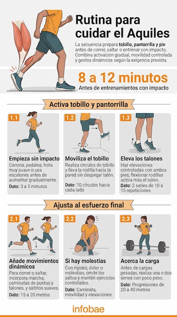 Infografía con ilustraciones de personas realizando ejercicios de calentamiento, movilidad de tobillo y elevación de talones.