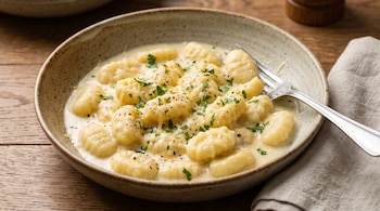 Un cuenco de cerámica con ñoquis en salsa de queso y crema, decorados con perejil picado, junto a un tenedor y una servilleta.