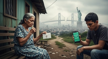 Una mujer mayor sentada en un banco de madera sostiene un sobre vacío, junto a un joven triste que mira un teléfono con pantalla verde. Al fondo, una ciudad, un puente roto y la Estatua de la Libertad.