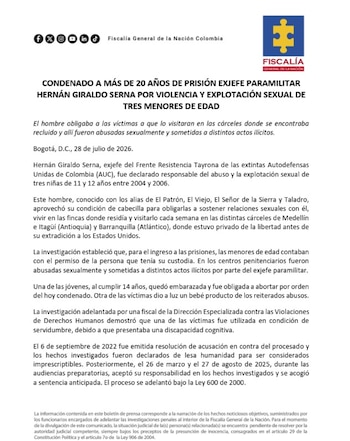 La Fiscalía concluyó que el exjefe paramilitar usó su poder para someter a las menores a violencia y explotación sexual - crédito Fiscalía