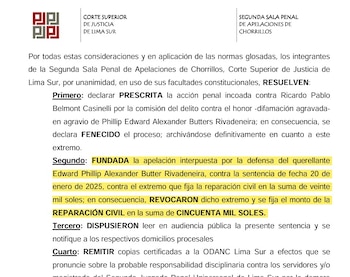 Sala de Apelaciones eleva a 50 mil soles la reparación civil que Belmont deberá cancelar a Butters.