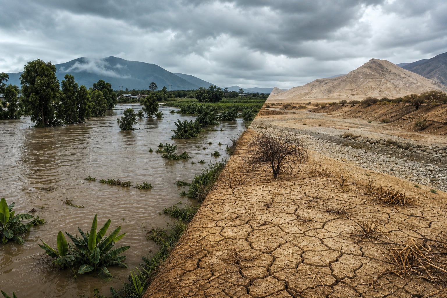 La división de dos paisajes ilustra el impacto de las inundaciones en el norte de Perú frente a la sequía en la región sur. (Imagen Ilustrativa Infobae)