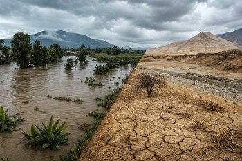 Fotografía dividida en diagonal con un área verde e inundada a la izquierda y un suelo seco con grietas y cerros áridos a la derecha.