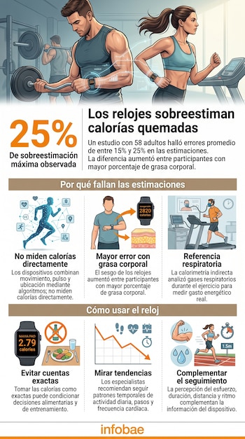 Infografía con ilustraciones de personas haciendo ejercicio con relojes inteligentes, acompañada por gráficos explicativos e iconos.