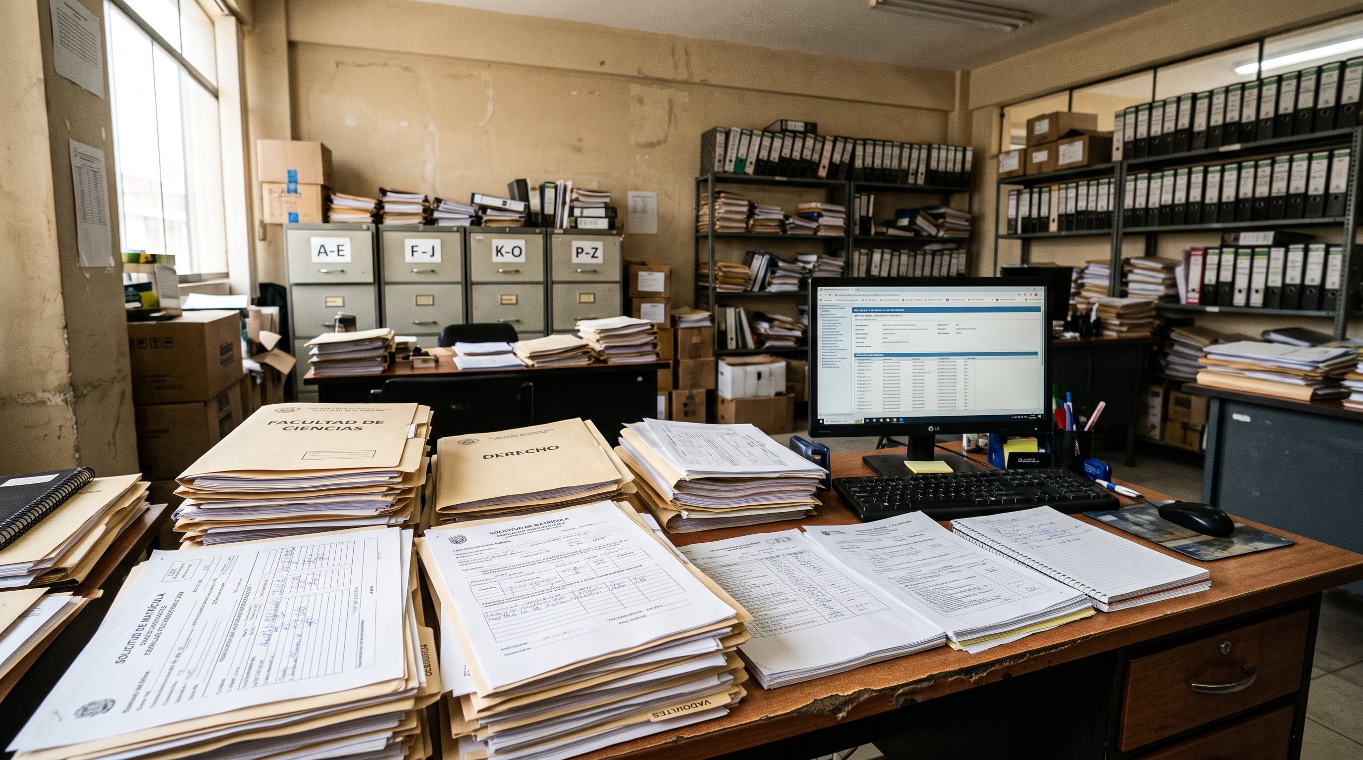 Expedientes de matrícula y carpetas académicas ocupan los escritorios de una oficina de administración universitaria en Perú. (Imagen Ilustrativa Infobae)