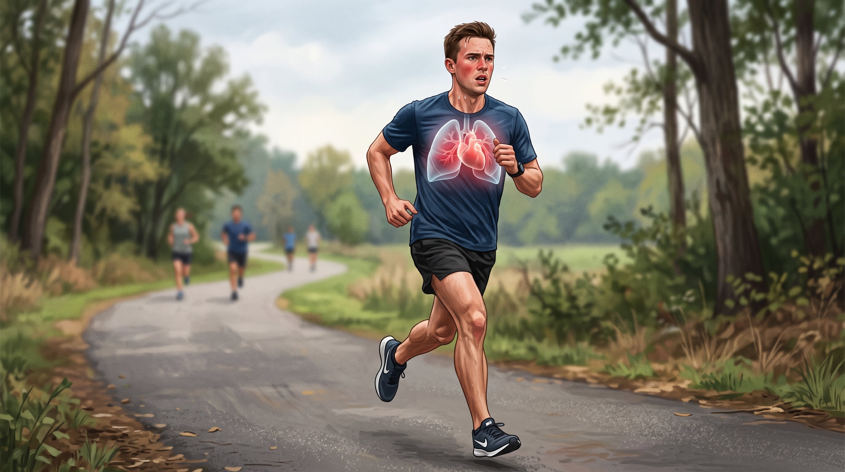 Un hombre corre en un parque mientras un gráfico en su pecho representa la adaptación del corazón y los pulmones al esfuerzo físico. (Imagen Ilustrativa Infobae)