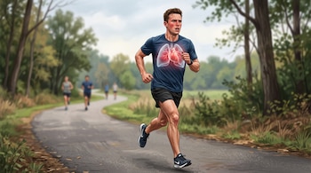 Un hombre trota por un camino rodeado de árboles con un gráfico transparente de corazón y pulmones sobre el pecho.