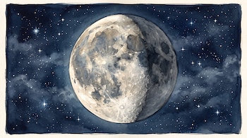 Ilustración de una luna en fase gibosa menguante con cráteres detallados, rodeada de estrellas y nubes sobre fondo azul oscuro.