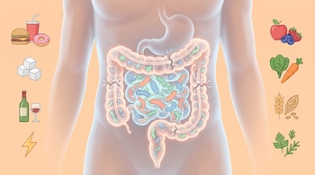 Torso humano con el intestino iluminado y bacterias, flanqueado por comida rápida, azúcar, alcohol, frutas, verduras y cereales sobre fondo crema.