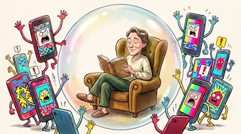 Ilustración de un hombre en un sillón leyendo un libro dentro de una gran burbuja, rodeado por varios teléfonos inteligentes que hacen gestos.