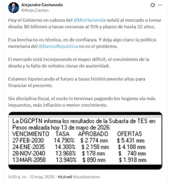 El presidente de Andeg, Alejandro Castañeda, señaló que el Gobierno acudio al mercado en condiciones de mayor costo financiero - crédito Alejo_Castan/X