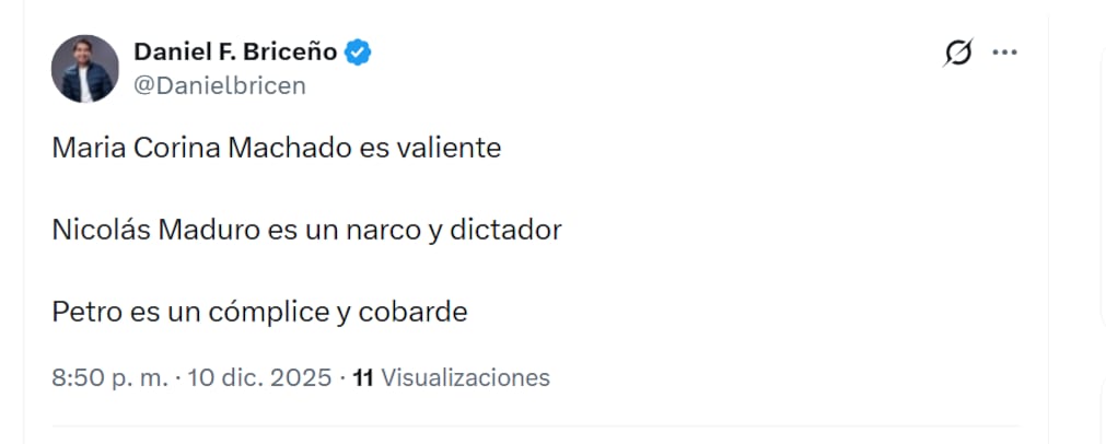 El concejal de Bogotá Daniel Briceño se sumó al apoyo a María Corina Machado, calificándola de valiente - crédito @Danielbricen/X