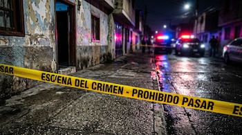 Cinta amarilla con la inscripción ESCENA DEL CRIMEN - PROHIBIDO PASAR en primer plano frente a viviendas y patrullas con luces encendidas.