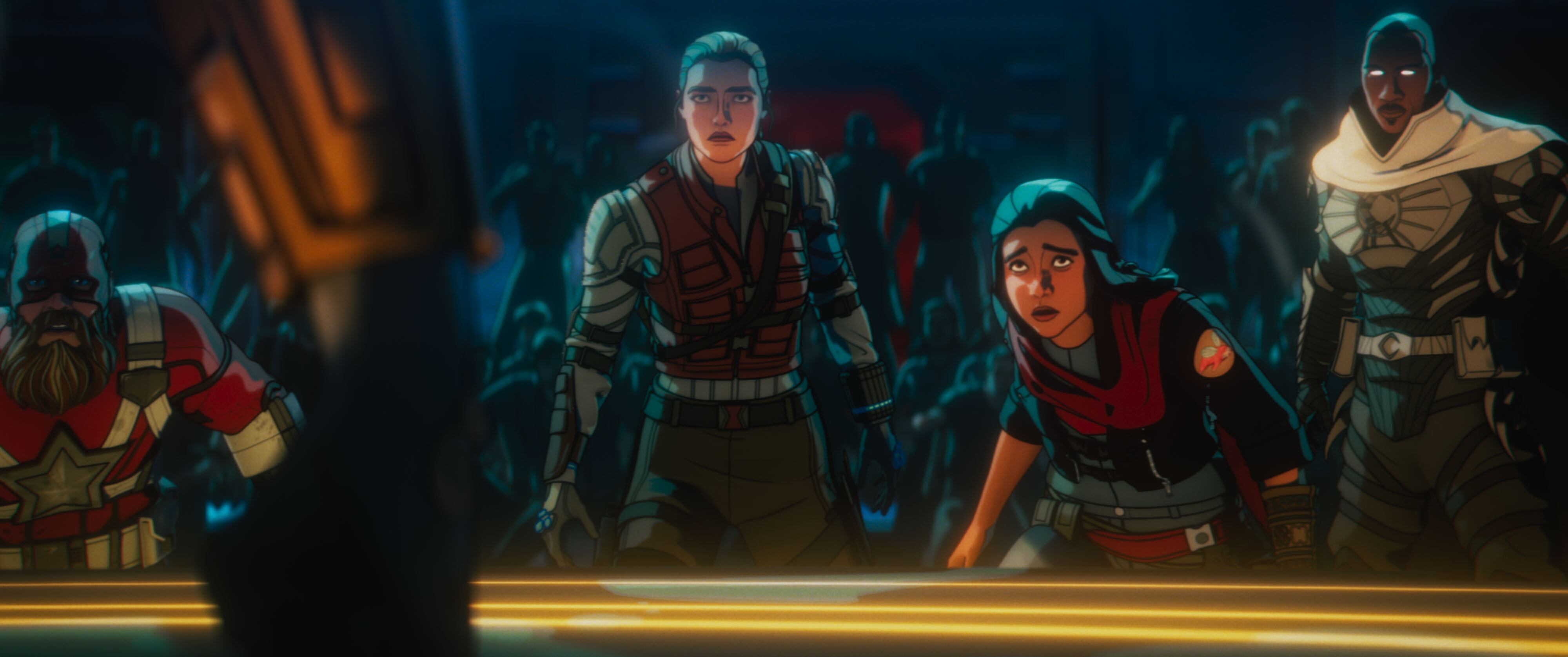 (L-R): Alexei Shostakov/ Red Guardian (voiced by David Harbour), Yelena Belova (voiced by Florence Pugh), Kamala Khan (voiced by Iman Vellani) and Blade Knight (voiced by Todd Williams) in Marvel Television