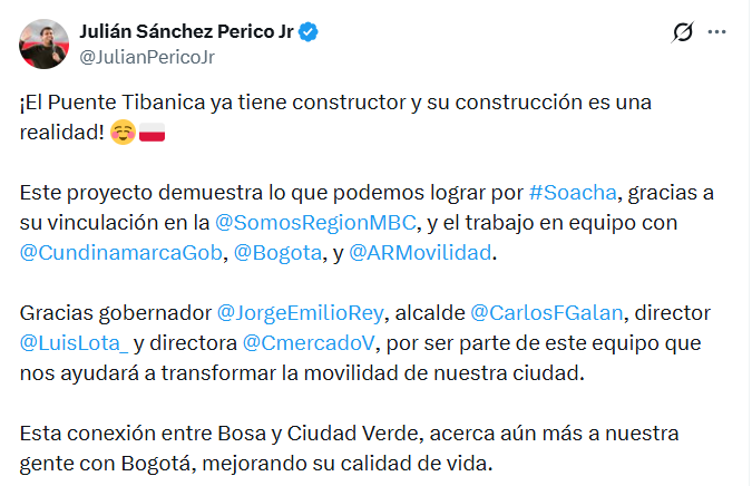 Julián Sánchez Perico Jr. afirmó que el proyecto representa una nueva alternativa de movilidad para los habitantes de Soacha - crédito Julián Sánchez Perico Jr/X