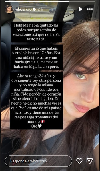 Mujer joven con pelo castaño, parte de su rostro visible. Captura de pantalla de historia de Instagram con recuadros de texto sobre fondo borroso
