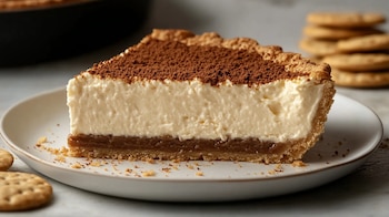 Tarta de queso, postre horneado, base de galleta triturada, rebanada cremosa, repostería casera, sabor dulce, merienda perfecta. - (Imagen Ilustrativa Infobae)