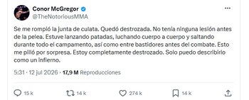 Captura de pantalla de un tuit de Conor McGregor (@TheNotoriousMMA) sobre una lesión, con fecha 12 de julio de 2026 y 17,9 millones de reproducciones