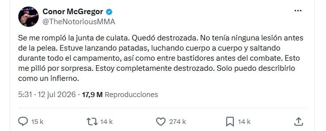 El luchador Conor McGregor comparte en redes sociales los detalles de la lesión de
