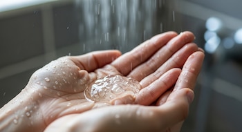 Primer plano de unas manos sosteniendo una pequeña cantidad de champú transparente sobre la palma, con gotas de agua y fondo desenfocado de un baño.