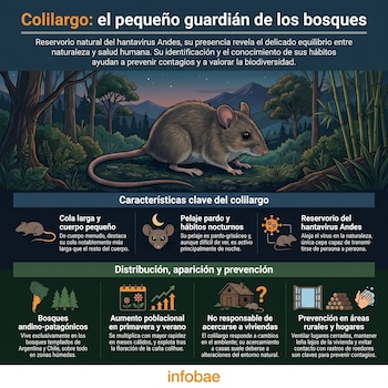 Infografía del ratón colilargo: roedor en un bosque con texto sobre hantavirus Andes, sus características, hábitat, aumento poblacional y medidas de prevención.