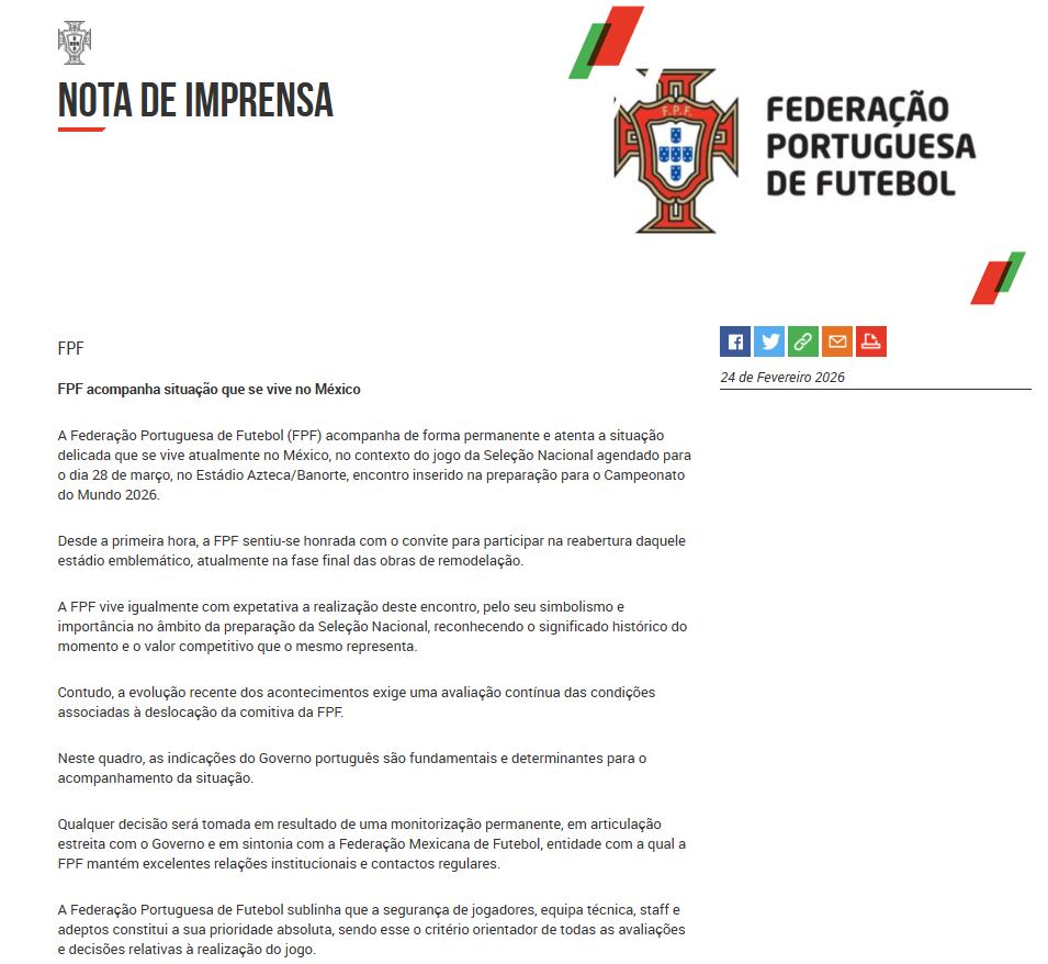 La Federación Portuguesa de Futbol expresó inquietudes por la seguridad en el país rumbo al amistoso México vs Portugal debido al contexto actual. (Federación Portuguesa de Futbol)