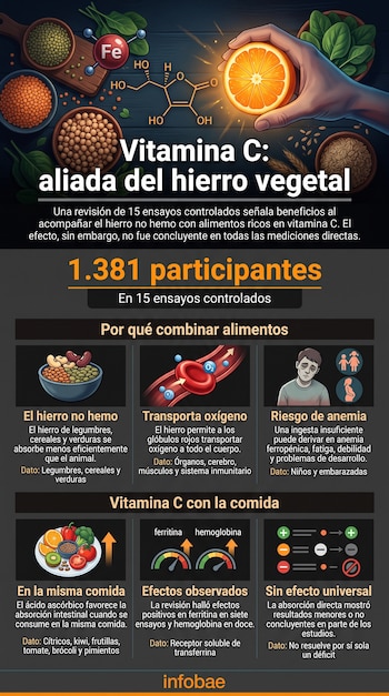 Infografía sobre vitamina C y hierro vegetal con textos, datos de 15 ensayos, ilustraciones de alimentos y el logotipo de Infobae.